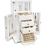 Emfogo Jewelry Box for Women, Rustic Wooden Jewelry Boxes &amp; Organizers with Mirror, 4 Layer Jewelry Organizer Box Display for Rings Earrings Necklaces Bracelets (Weathered White)