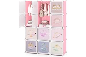 Costzon Kids Closet, Cartoon DIY Modular Dresser Storage Organizer with 12 Cubes & 2 Clothes Hanging Rack, Portable Armoire for Baby Toddlers, Kids Wardrobe for Bedroom Nursery
