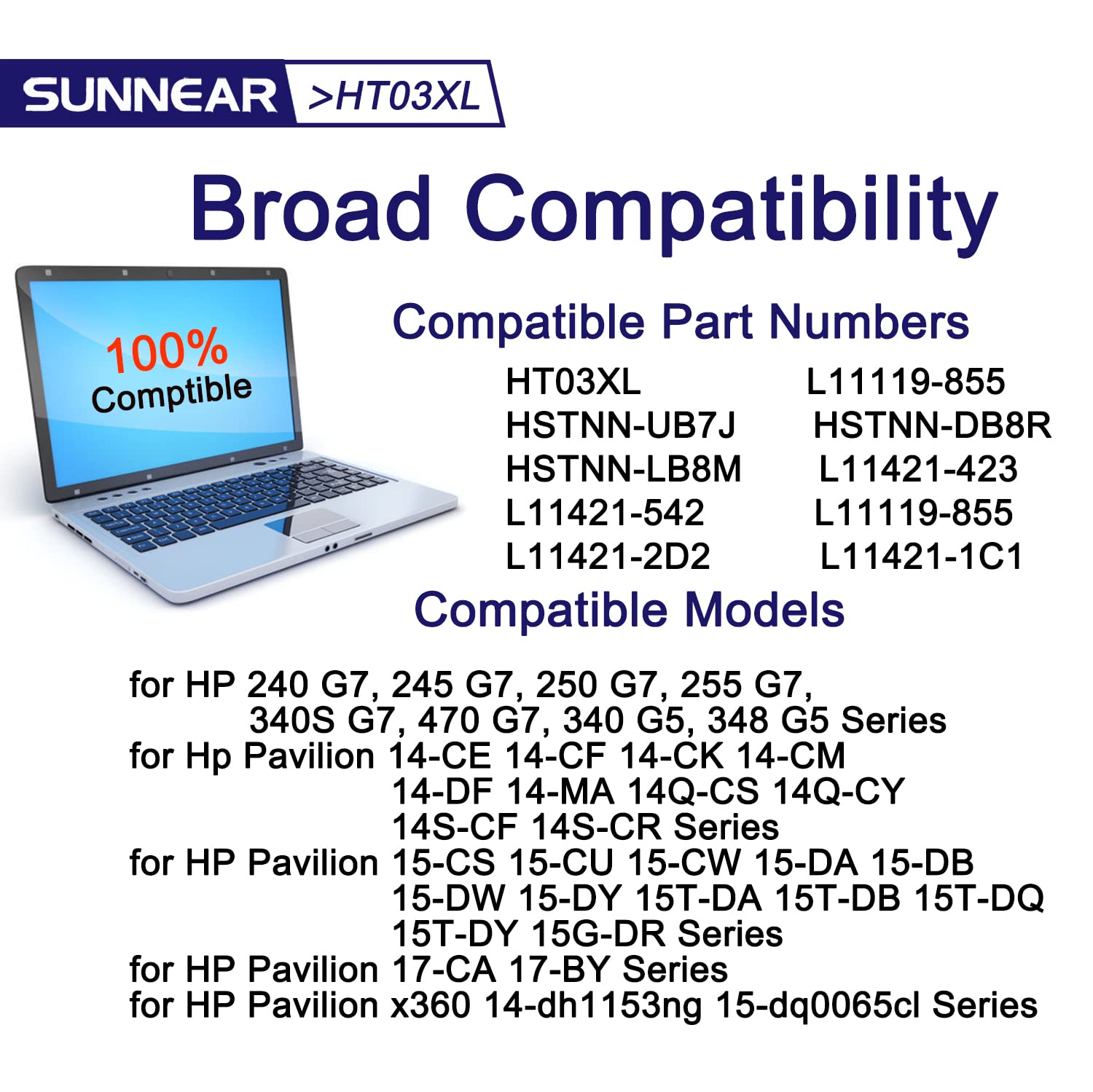 SUNNEAR HT03XL L11119-855 Battery for HP Pavilion 14Q-CS 14-CE 14-CF 14-CK 14-DF 14-DQ 15-DA 15-DB 15-DW 15-DY LPD1071 17-by 17-CA 15Q X360 14-DH 14M-DH0003DX 15T-CS200 15-CW1XXX 15-CS0053CL HTO3XL