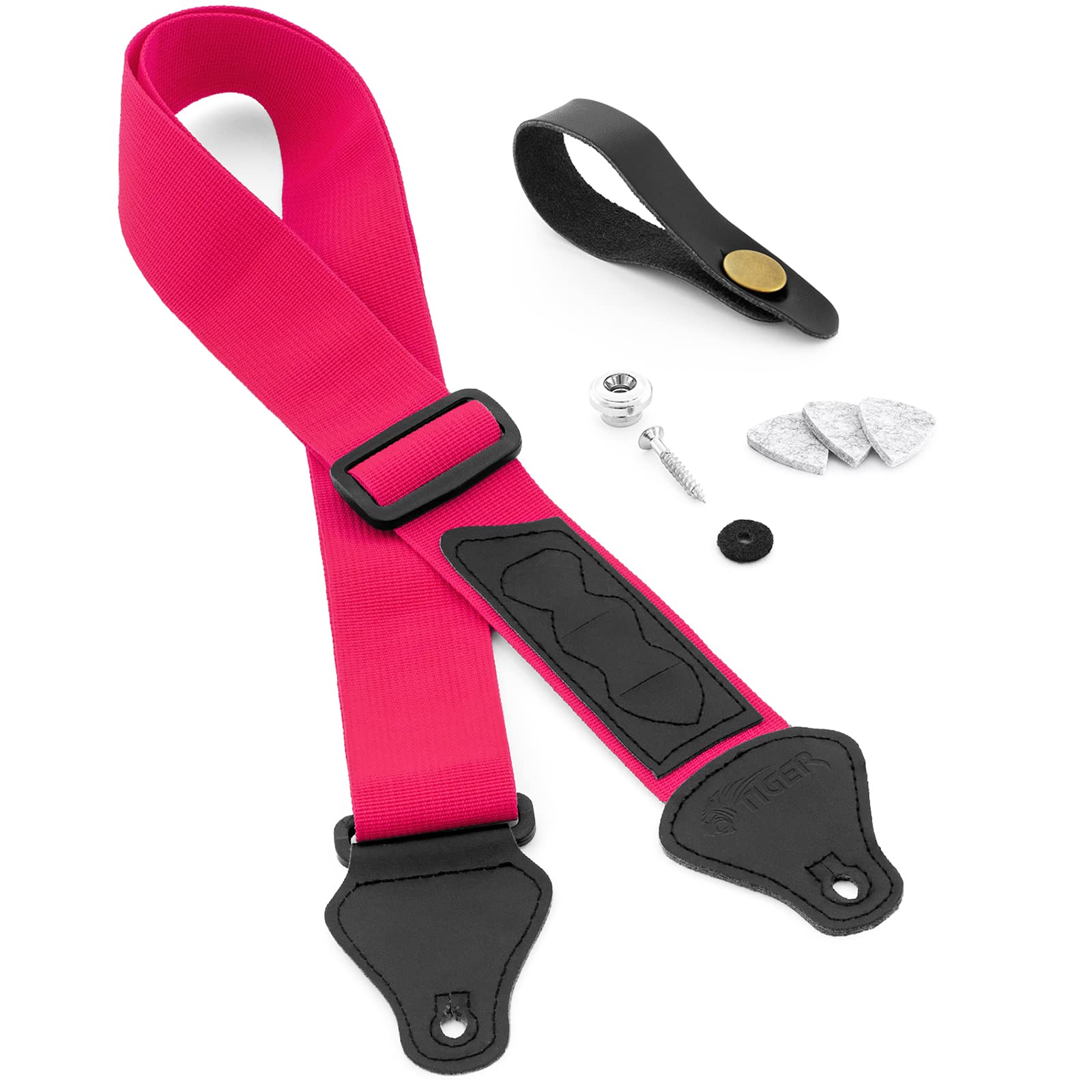 Tiger UAC4-PK-PACK Ukulele Strap Pack includes Strap, Headstock Neck Tie, Strap Button/End Pin and 3 Felt Picks - Suitable for Soprano, Concert, Tenor and Baritone Ukes - Pink