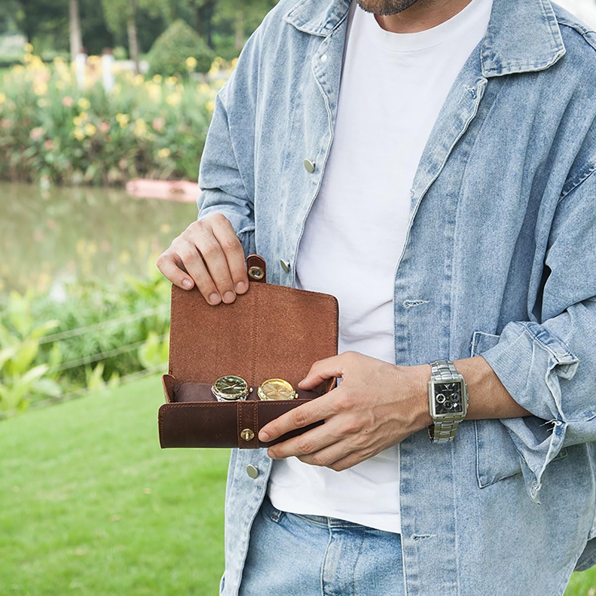 Acidea Genuine Leather Watch Roll Case - Travel Case for 3 Watches, Men's Accessories