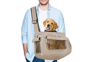 Tarovvoo Dog Sling Carrier- Dog Carrier for Medium Dogs Small Dogs Large Cats, Up to 20lbs, Pet Carrier Sling with Breathable Windows, Hard Bottom, Hand-Free for Outdoor Travel (Khaki)