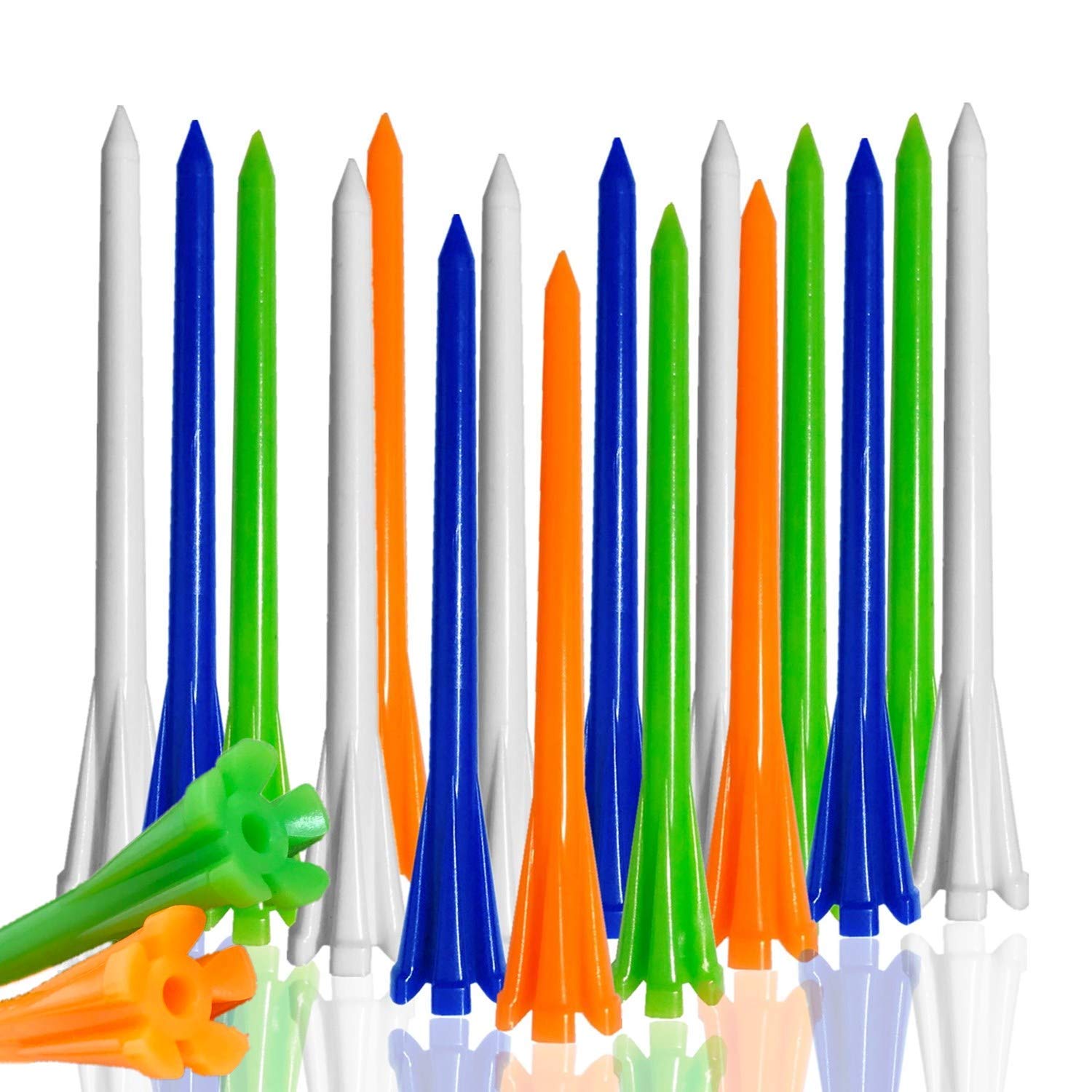 FINGER TEN Golf Tees Plastic Unbreakable 2 3/4 3 1/4 Inch Value 50 Count, 83mm 70mm Tee Durable Pro Upgrade Step Up Long Premium Color White Blue Orange Green Mixed (Multicolour, 3 1/4 Inch(83mm)