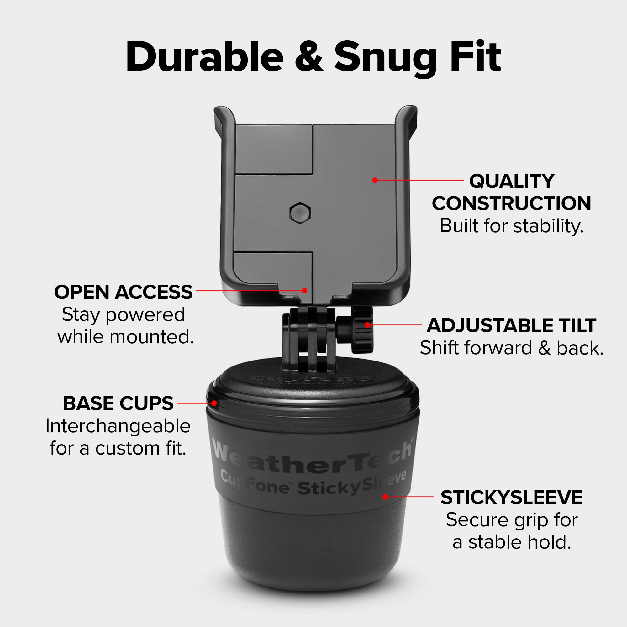 WeatherTech CupFone, Universal Cup Holder Phone Mount for Cars – Adjustable & Secure Fit with Open Access for Charging – Compatible with iPhone, Android - Plastic Knobs, Black