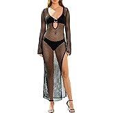 KUTUMAI Women Crochet Swimsuit Cover Up 2025 Summer Bathing Suit Sexy V Neck Slit Maxi Dress Vacation Beach Swimwear Cover Up