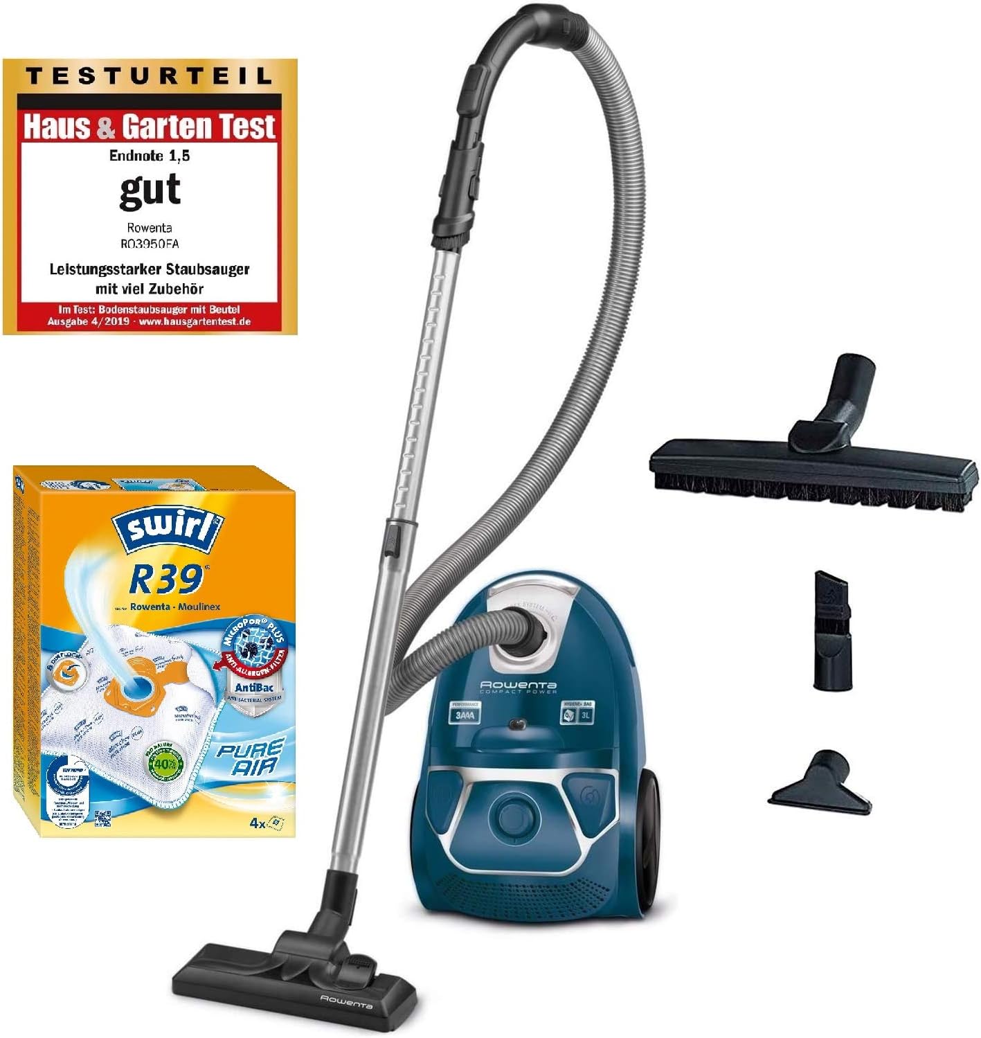 Rowenta RO3950 Staubsauger mit Beutel + 4er Pack Swirl R 39 Staubsaugerbeutel für Dauerhaft hohe Saugleistung, 3L Beutelvolumen, 750 W = 2000W, extrem leise, Hygienefilter, mit Parkettdüse