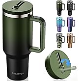 Greatyos 40 oz Tumbler with Handle and Flip Straw Lid - Upgraded Insulated Traveler Tumblers with Lids Straws Vacuum Leak Proof Stainless Steel 40oz Cup Mug Gifts for Men Women Him Her (Black Forest)