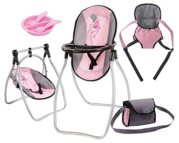 Bayer Design 63608AB - Zubehör-Set mit Sitz Tragegurt Tasche und Essgeschirr für Puppen, 46 cm, rosa/grau