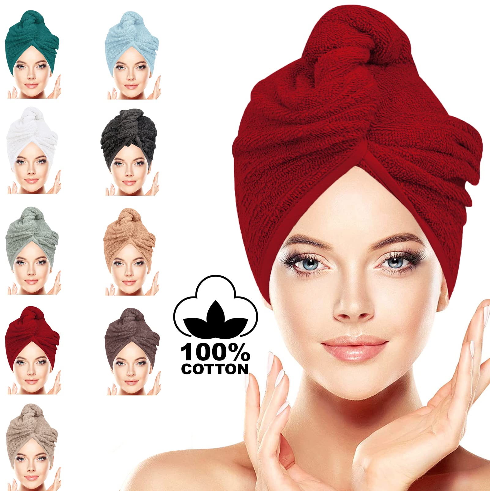 BAVIN LUXURY Hair Towel Wrap 100% Cotton, Instant Drying Lightweight Turban Cap Super Quick Absorbent Anti-Frizz Twist Toweling Dry Hat with Button Loop for Long Curly Hairs, 62CM x 23CM Red Single