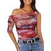 Pink Queen Women Summer Mesh Sheer Tops Self Tie Off The Shoulder Sexy Going Out T Shirts Blouse 2026