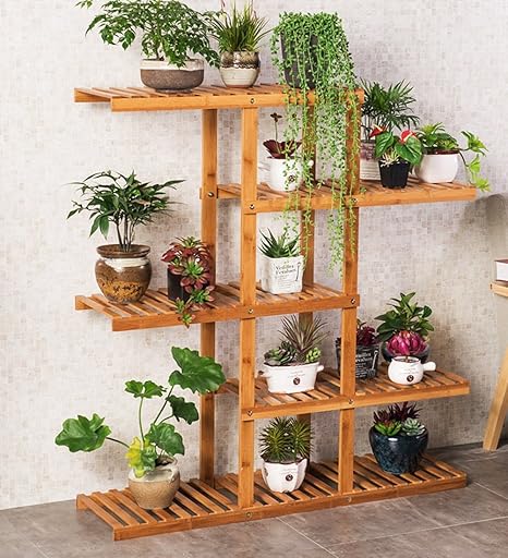 Amazon Co Jp Qing Mei 多層木製の花の棚屋内の居間の床木製の花のスタンドの地面緑色の藁の肉のバルコニー花のポットラック A 色 B ホーム キッチン