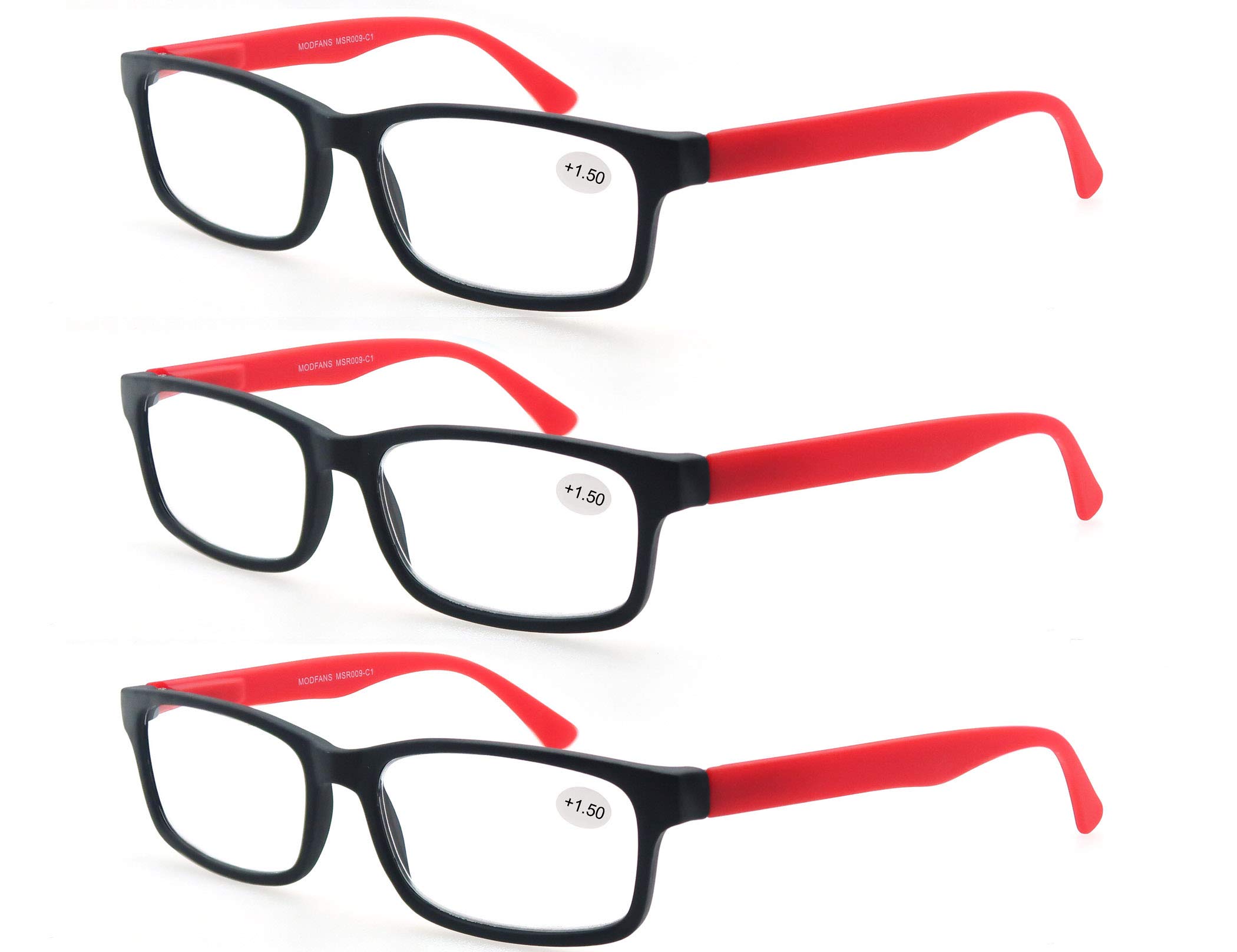 MODFANS Reading Glasses 2.0 Men Women 3 Pack,Rectangular Clear Lens Comfort Spring Hinge Eyeglasses,Stylish Lightweight Plastic Readers with Pouch (3 Red)