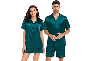 SWOMOG Satin Pajamas Sets Couple Silk Pjs Set Matching Button Down Sleepwear Short Sleeve2 PCS Lounge Set with pockets