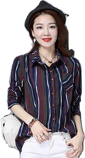 Amazon ストライプシャツ レディース 全３色 カラフル かわいい 春 長袖 M ブルー シャツ ブラウス 通販