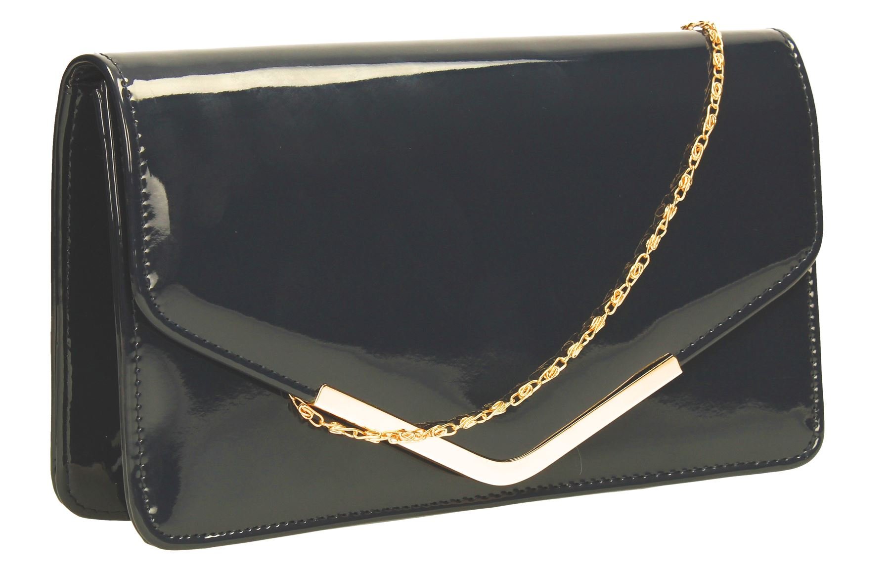 SwankySwans Zara Patent Leather Envelope Womens Party Prom Ladies Clutch Bag - Navy Blue
