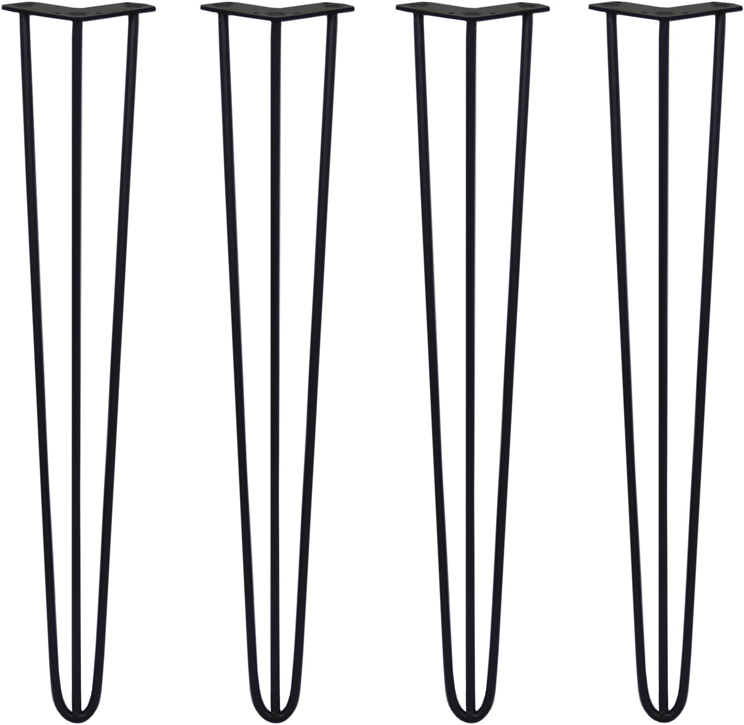 4 x Hairpin Legs/Hair Pin Legs Set SkiSki Table Legs Furniture Desk Bench Chair 28" 3 Prong 10mm Black Steel & Protector Feet