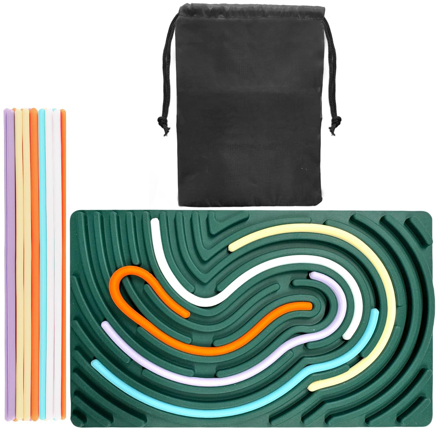 VEKXAR Green Sensory Toy, Sensory Activity Board, Special Needs Developmental Toy, Sensory Board, Fidget Board, Sensory Fidget Toy（with 1 Carrying Bag & 20 Colored Silicone Strips）