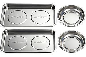 HORUSDY 4-Piece Large Magnetic Parts Tray Set, Stainless Steel Heavy Duty 9.5" W x 5.5''L Square and 4.5" Round Magnetic Trays Tools Parts Tray