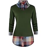 Oyamiki Women's Casual Collared Curved Hem 2 in 1 Pullover Tops Plaid Contrast Shirt Blouse