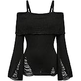 SOLY HUX Women's Cold Shoulder Ripped Sweater Goth Punk Long Sleeve Fitted Jumper Pullovers