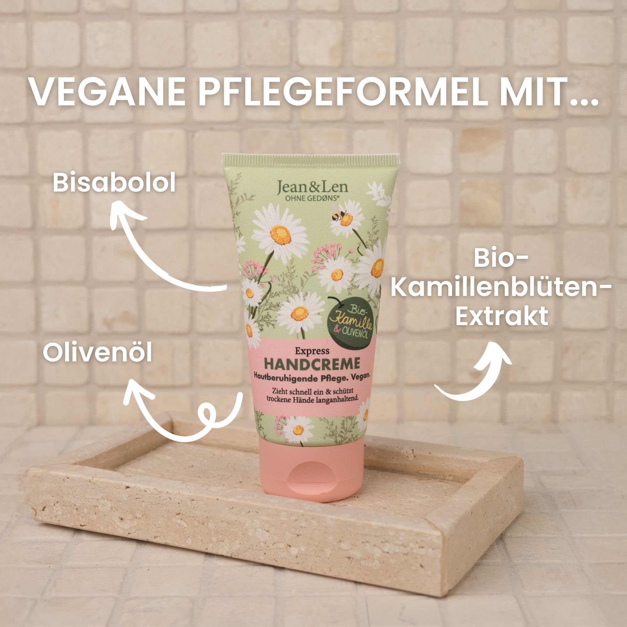 Jean & Len Handcreme Kamille & Olivenöl, vegane Pflegeformel mit Bio-Kamillenblüten Extrakt & Olivenöl, hautberuhigend, zieht schnell ein, vegane Handpflege, ohne Parabene & Silikone, 75 ml 2