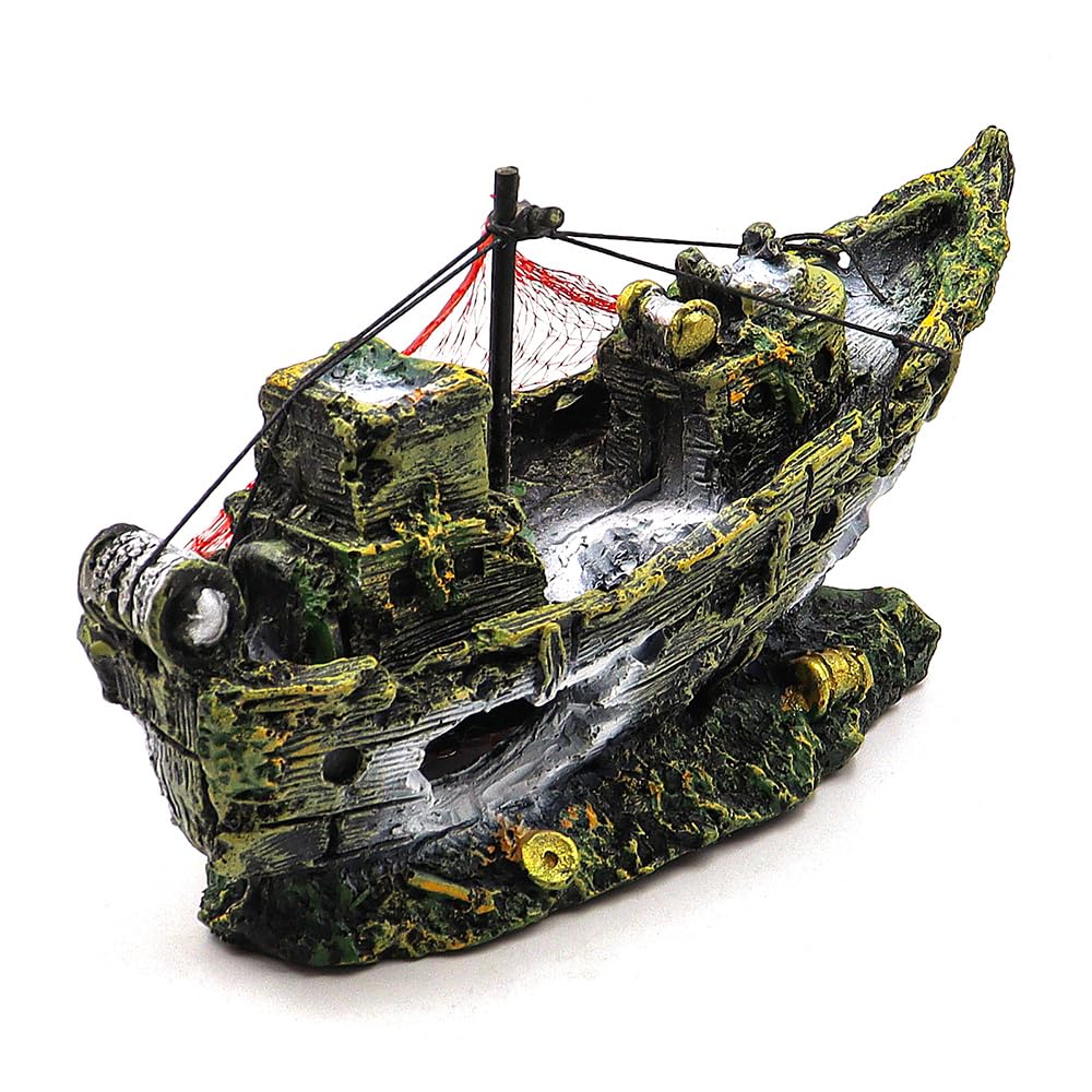 NUZAMAS 26 x9.5x16cm Artificial Fish Tank Decor Wrecked Boat Ship Resin Model Ornament Aquarium Fish Tank Landscape Pirate for Reptile Hideout Betta Fish Habitat Cave