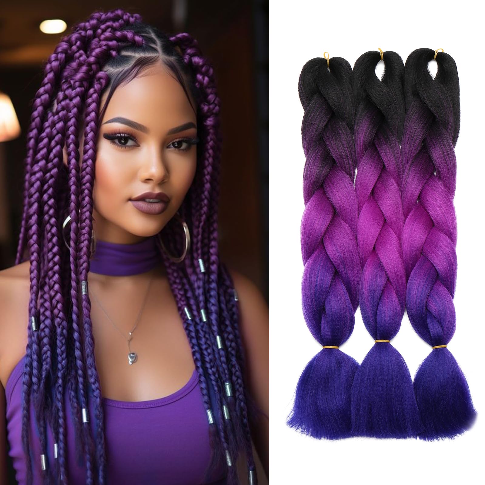Silk-co Ombre Braiding Hair Synthetic Braid Hair Extensions Afro Jumbo Braids 3 Bundles 24" [300g; Black-Purple-Blue] — image 1