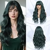 Dark Green Wig with Bangs for Women, Long Wavy Green Wig 26 Inch Wigs Heat Resistant Synthetic Colorful Wig