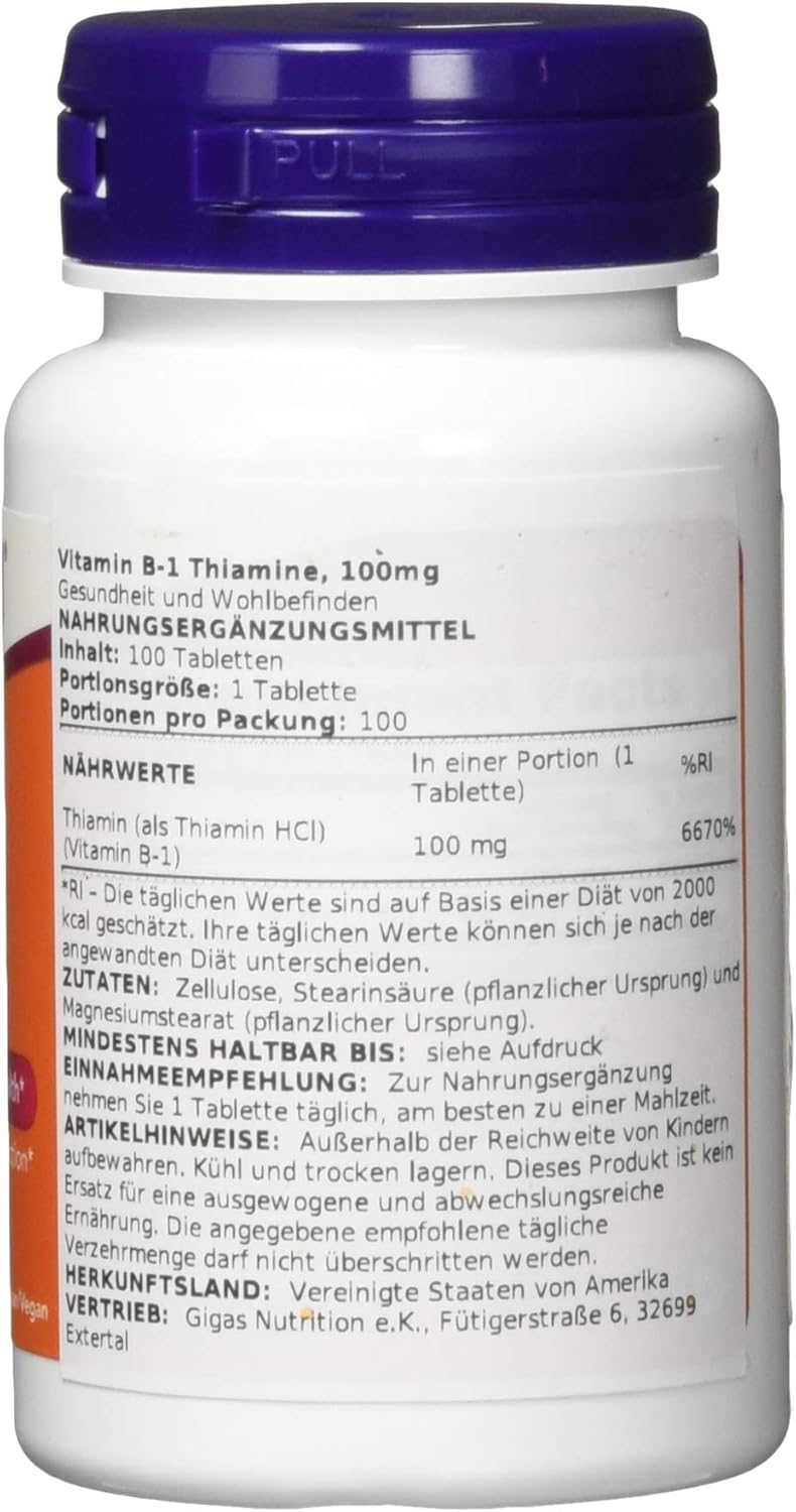 NOW Supplements, Vitamin B-1 100 mg, Energy Production*, Nervous System Health*, 100 Tablets: Health & Personal Care