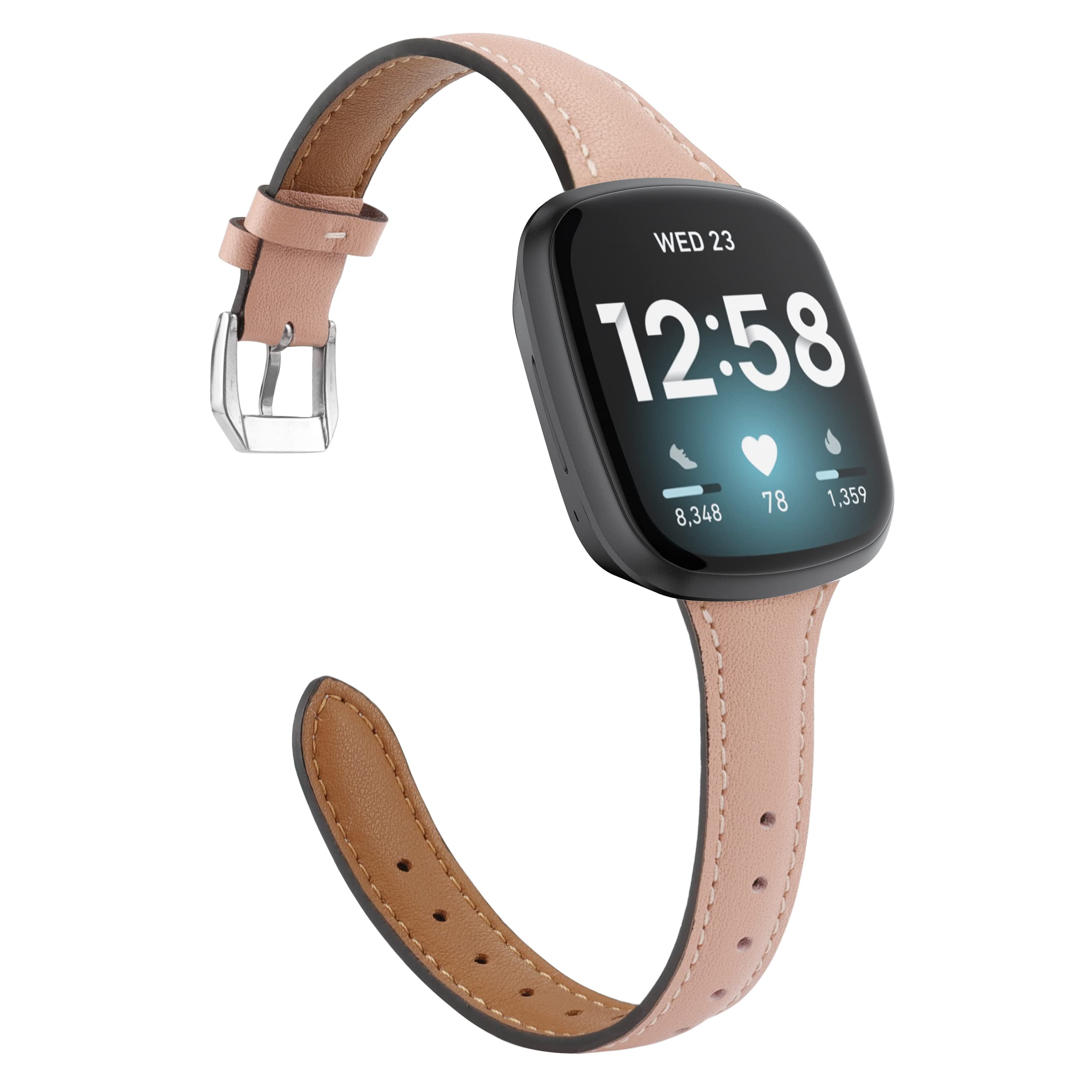 Wearlizer Compatible with Fitbit Versa 4/ Versa 3/ Sense 2/ Sense Strap for Women, Top Grain Genuine Thin Leather Replacement Wristband for Women for Versa 4 Smart Watch Band, Sand Pink — image 1