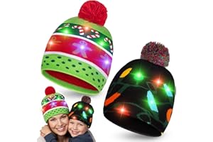 MCPINKY 2PCS Christmas LED Beanie Hats, Light Up Knit Beanie Hats Flashing Christmas Hat for Kids Adults Xmas Ugly Sweater Party