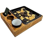 Wooden Serving Tray with Cup Holder - Coffee Table Rustic Cookie Caddy – Drink Tray - Couch Organizer - Ottoman Stand Caddy for Food - Snack Holder for Movie and Game Nights