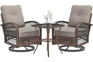 EROMMY 3 Pieces Patio Furniture Set, Outdoor Swivel Rocker Patio Chairs, Wicker Patio Bistro Set with Rocking Chair, Thickened Cushions and Glass Coffee Table for Backyard, Garden, Grey
