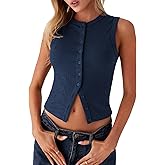 Faretumiya Women Button Down Tank Top Ribbed Summer Vest Tops Slim Fit Open Front Sleeveless Crop Shirt