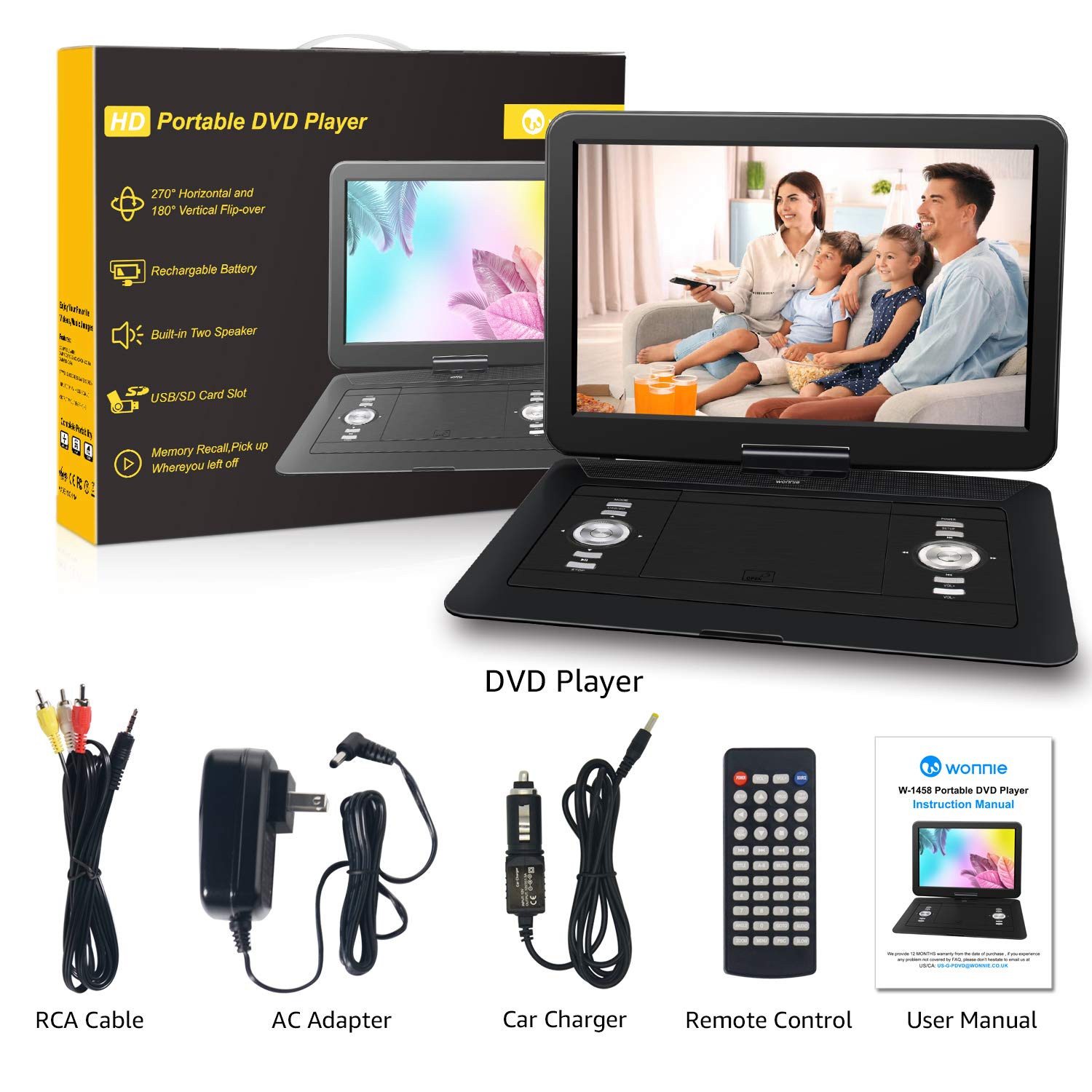 WONNIE 17.9’’ Portable DVD/CD Player with 15.4" Large Swivel Screen, 1366x768 HD LCD TFT, Built-in 5000mAH Rechargeable Battery, Resume Play, USB/SD Card/ AV in &Out , Regions Free, Stereo Sound