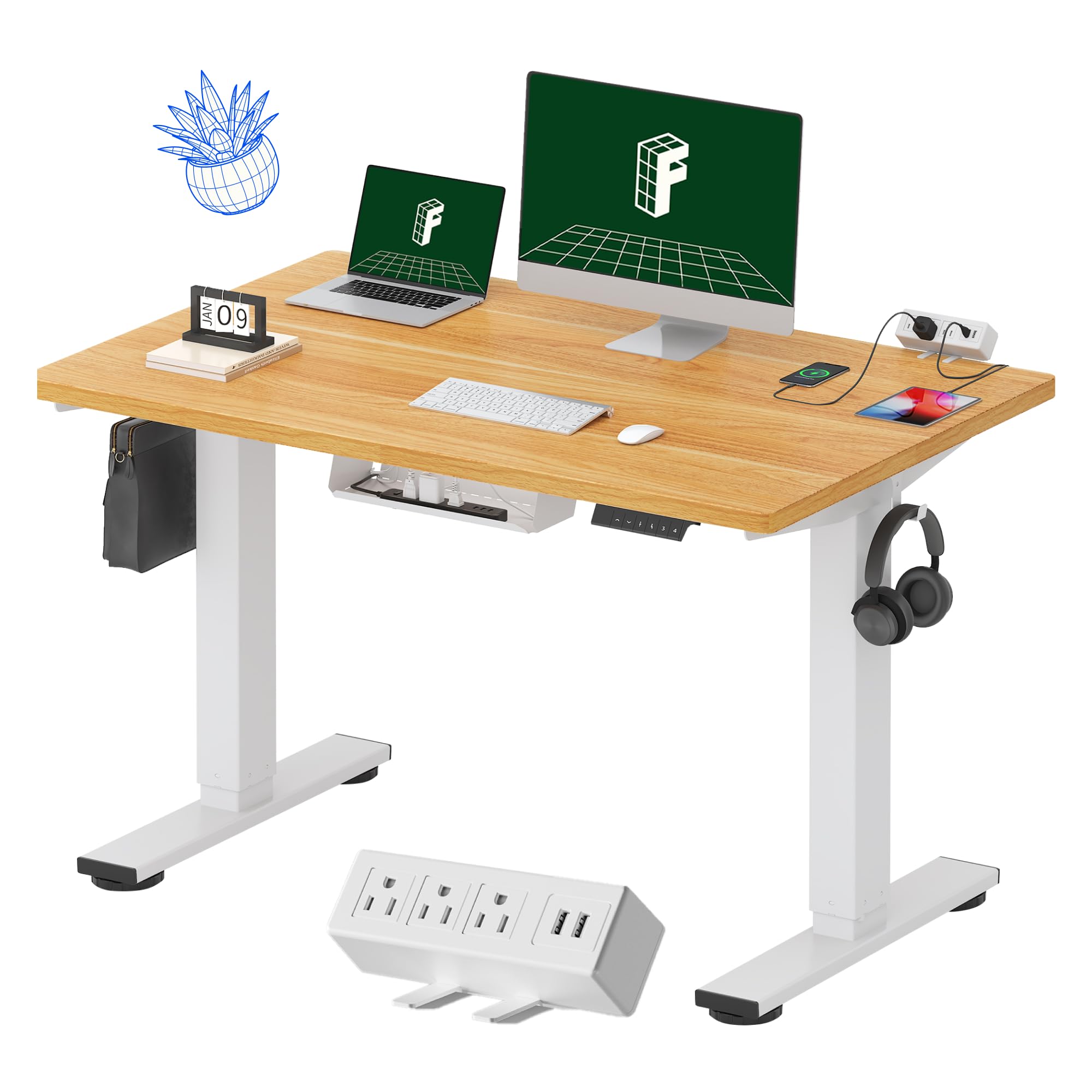 FLEXISPOT EN2 Whole-Piece Standing Desk with Clamp Power Strip, 48 x 30 Electric Stand Up Height Adjustable Desk with Cable Management (White Frame + 48