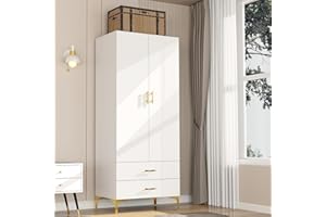 XIWEOT Wood White Wardrobe Closet with Drawers: 2 Doors - 2 Drawers and Armoire with Hanging 1 Rod - Cabinet Handle with Metal Legs - Tall Wardrobe Closet with 20.4" D x 31.5" W x 76.8" H