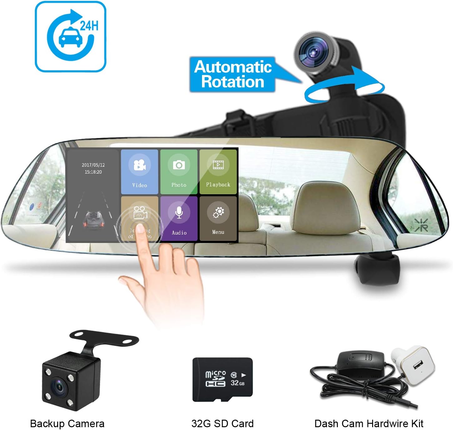 Dual Mirror Dash Cam with 32G TF Card Car Video Backup Camera,360°Auto-Rotation Lens,Exclusive Ultrasonic Object Sensor Hardwire Kit with 24H Parking Monitor