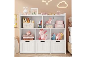 Gizoon Toy Storage Cabinet and Kids Bookcase with 3 Movable Drawers and 6 Open Shelves Featuring Fall Prevention Barrier for Playroom Nursery Kids Room Organization, White