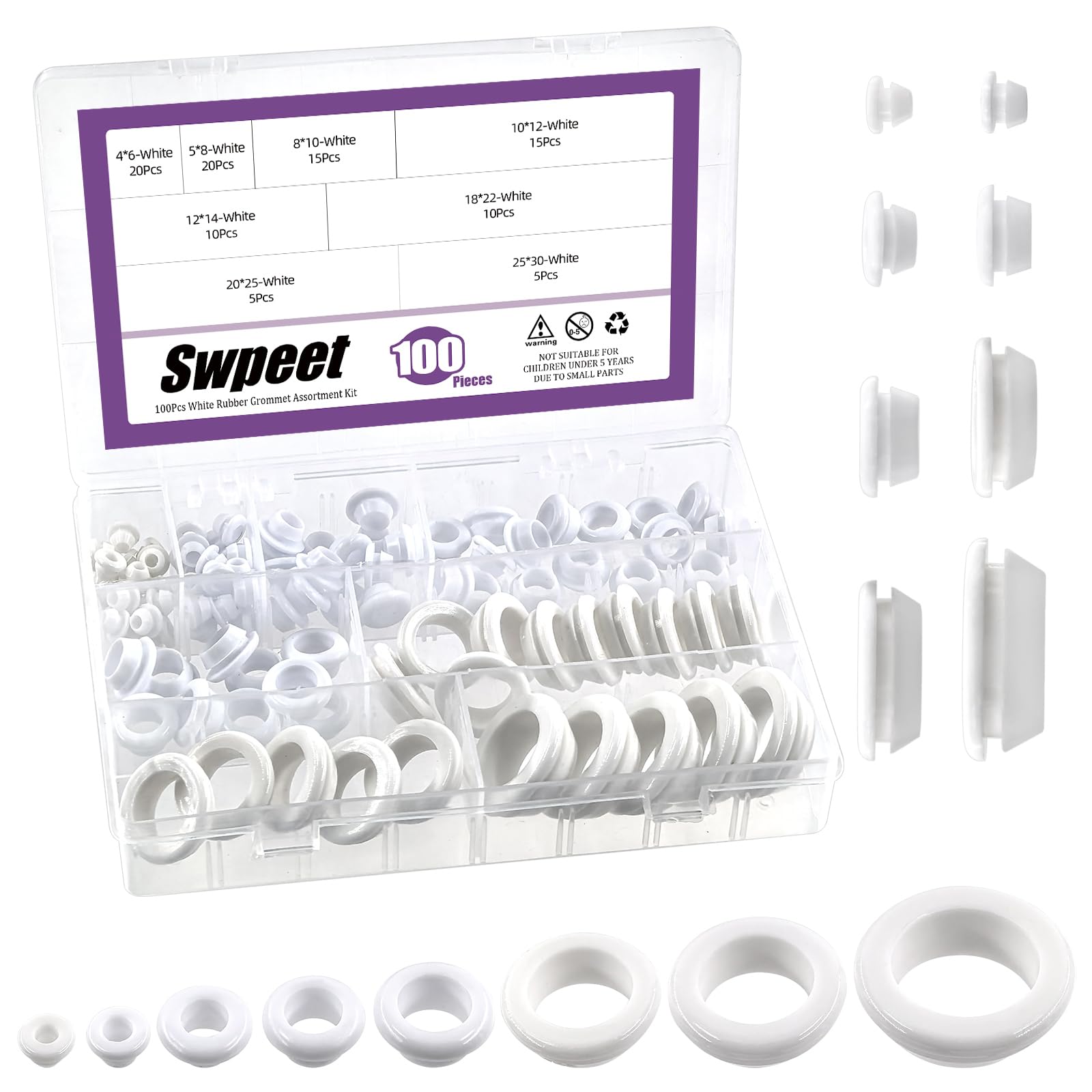 Swpeet 100Pcs White Rubber Grommet Assortment Kit, 8 Sizes Eyelet Ring Gasket, Single Sided Round Firewall Hole Plugs Approx 2/13" 1/5" 5/16" 3/8" 1/2" 3/4" 4/5" 1" Drill Hole for Wiring, Boat