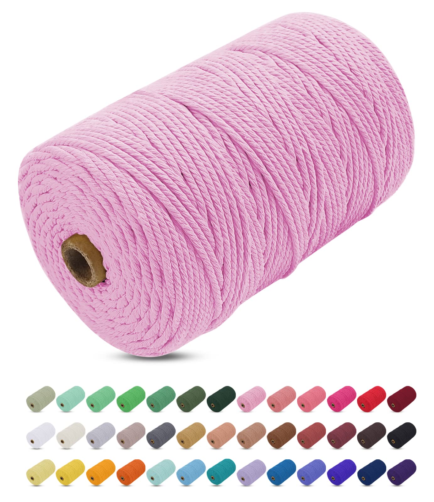 Uiopa Macrame Cord 3mm x 200m, Thick Macrame Rope Yarn Soft Natural Cotton Cord, Coloured 4-Ply Macrame String for DIY Craft, Plant Hangers, Wall Hanging, Christmas Decorations (Pink)