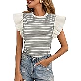 Tankaneo Womens Ruffle Striped Tank Tops Summer Crew Neck Sleeveless Shirts Loose Fit Dressy Casual Blouse