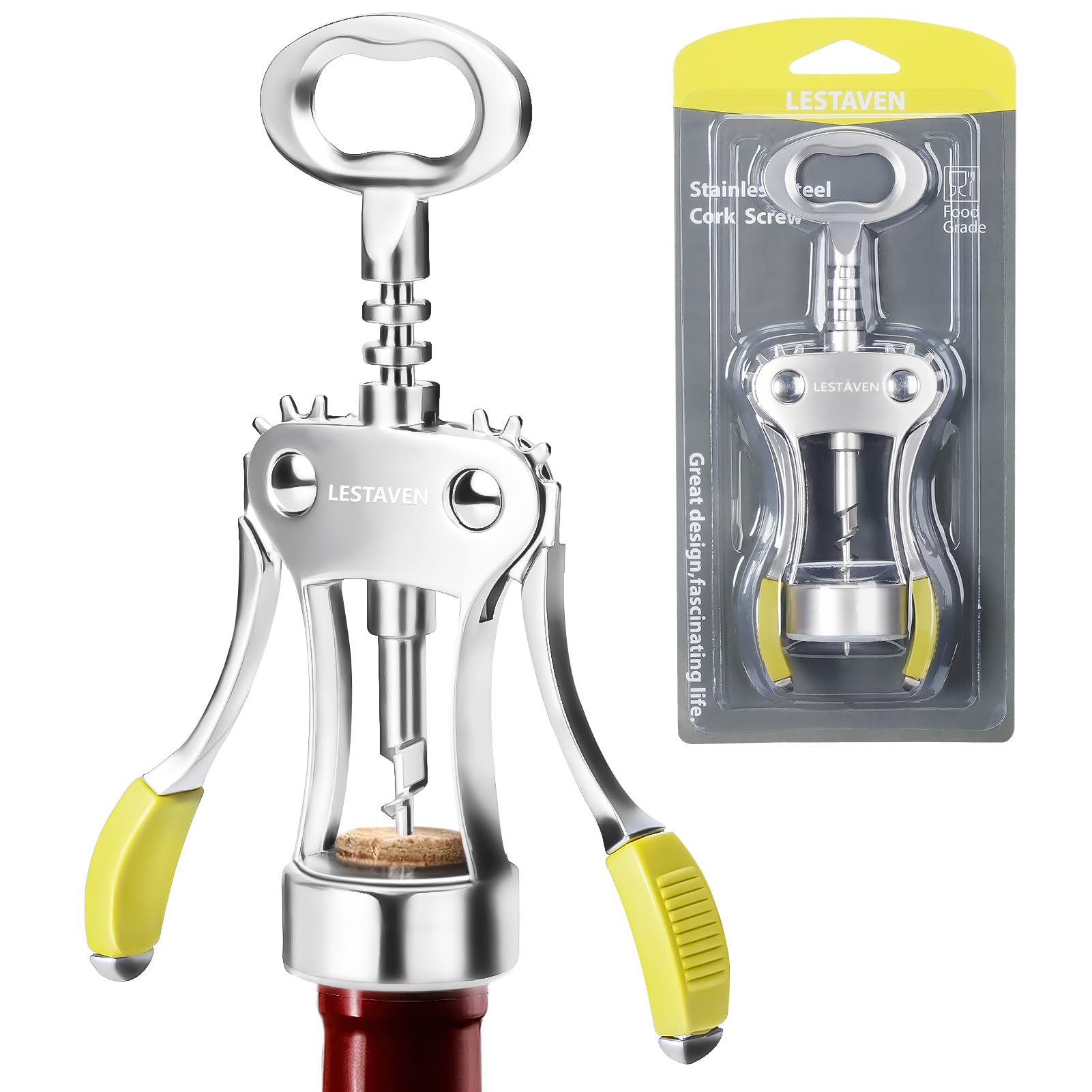 Stainless Steel Wing Corkscrew Wine Opener, Waiters Corkscrew Cork and Beer Cap Bottles Opener Remover, Used in Kitchen Restaurant Chateau and Bars