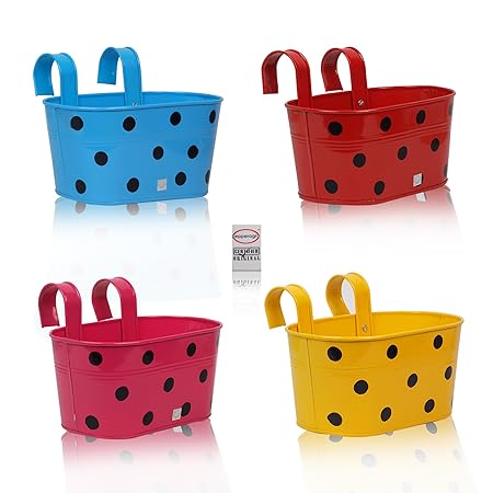 Pepper Agro Gardening Railing Balcony Planter Decorative Polka Dotted Hanging pots Metal Plant Container Assorted Colours Set of 4