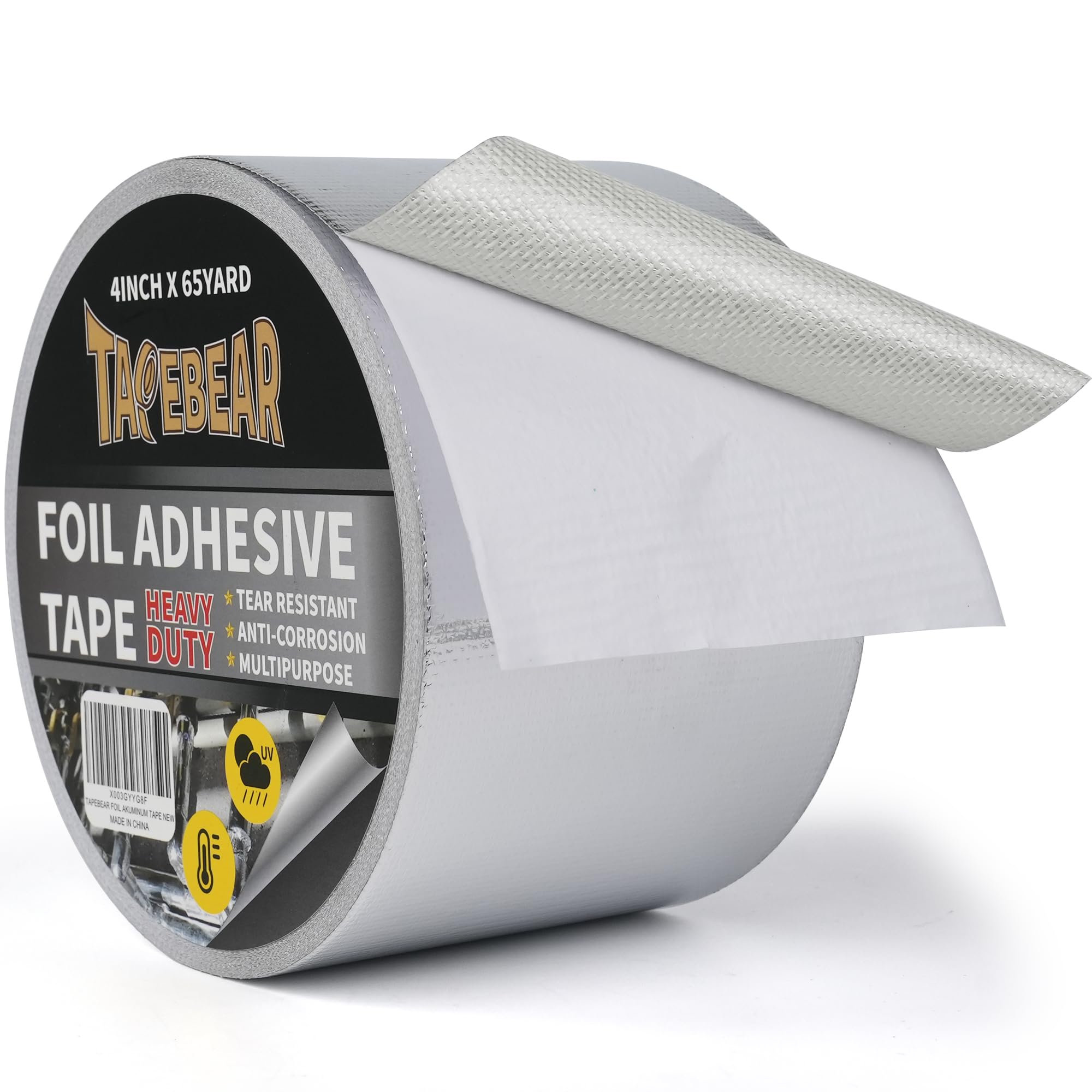 TAPEBEAR Glass Fiber Cloth Aluminum Foil Tape, Professional Insulation High Temperature Duct Tape, Withstand 80°C to 100°C, Reinforced, for HVAC, Repair, Pipe Sealing, 4inch x 65yard