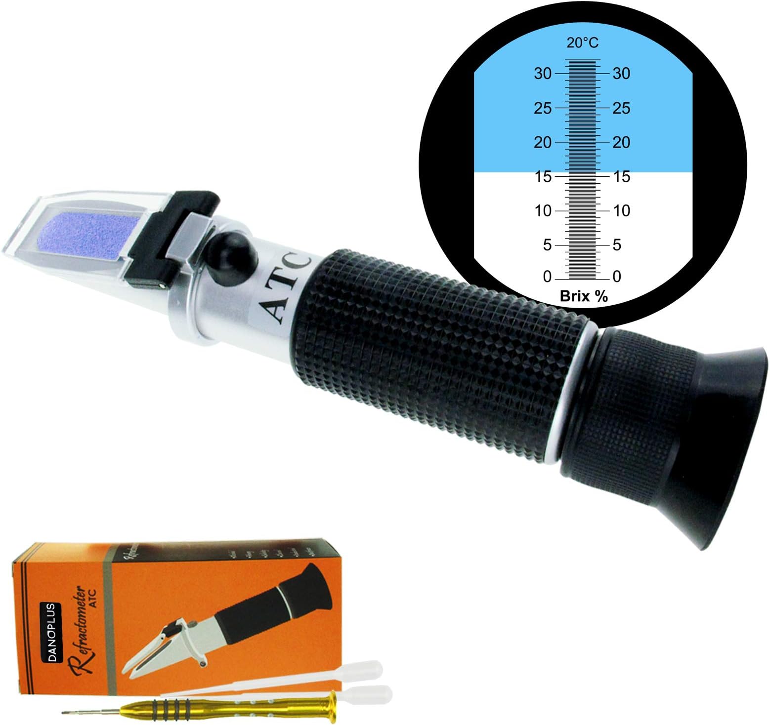 Kibeland Handheld Brix Refractometer with ATC, 0~32% Brix, with EXTRA Mini USB Light, 10 Pipettes