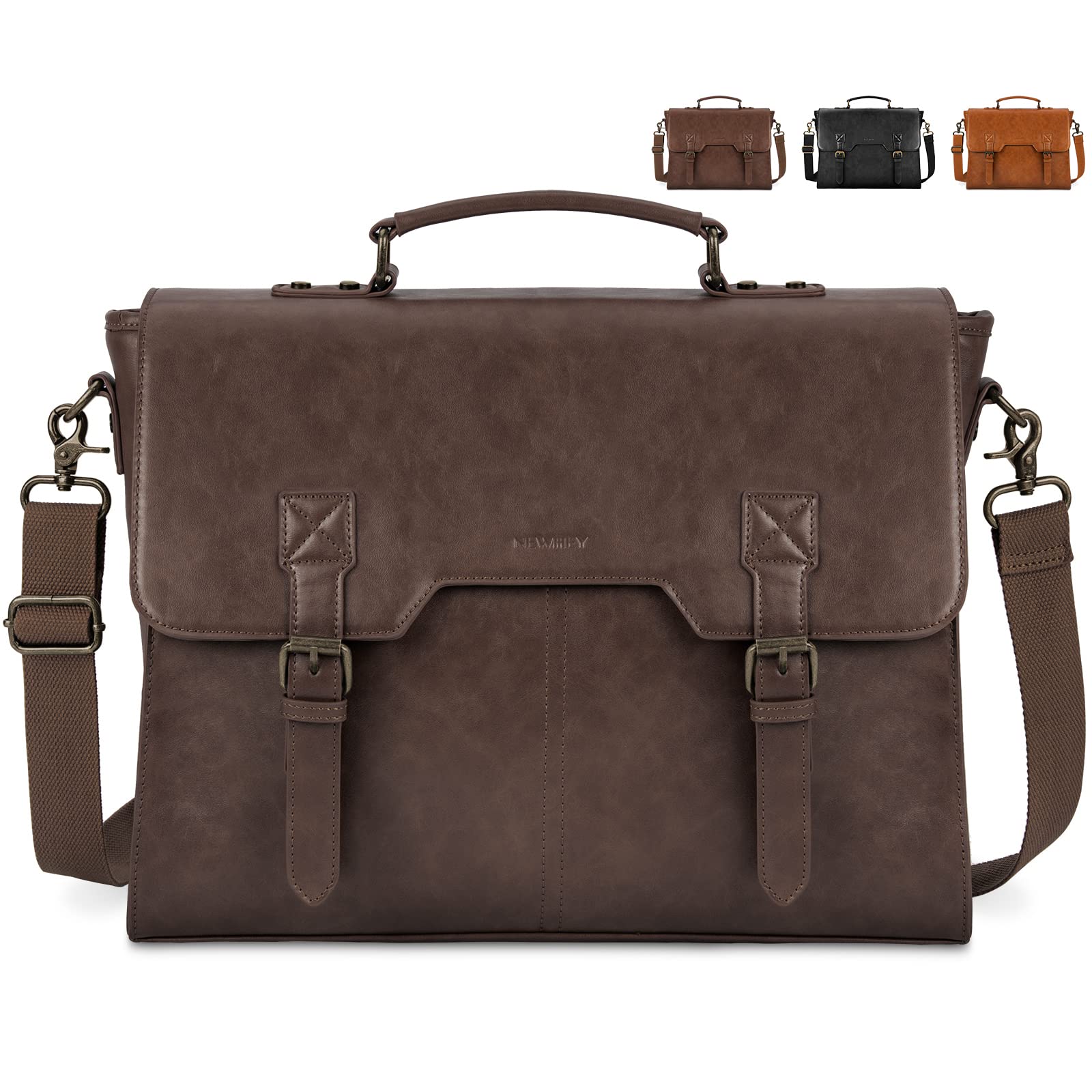 NEWHEY Laptop Bag 15.6 Inch Messenger Bag Mens Briefcase Waterproof Leather Satchel Computer Shoulder Bag Vintage Large Work Bag for Office Business School Coffee