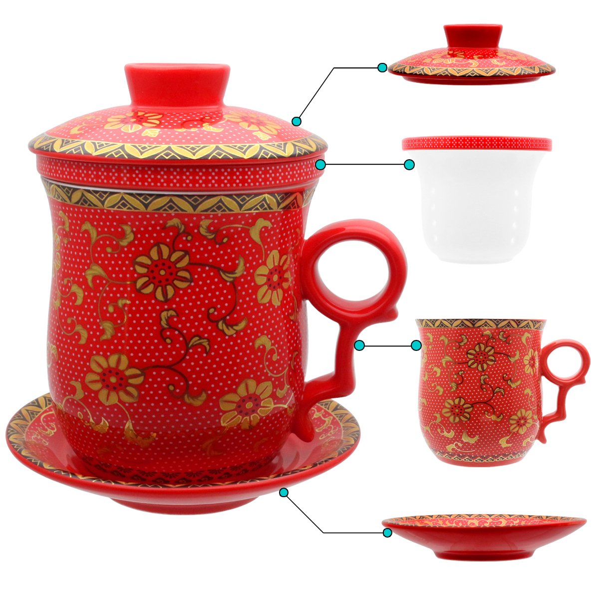HOLLIHI Porcelain Tea Cup with Lid and Saucer Infuser Sets - Chinese Jingdezhen Ceramics Coffee Mug Teacup Loose Leaf Tea Brewing System for Home Office