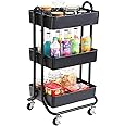 DESIGNA 3-Tier Metal Rolling Utility Cart，Heavy Duty Storage Carts Organization Cart with 2 Lockable Wheels，Multifunctional Metal Craft Art Carts for Gift Home Office，Black