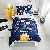 PINNKKU 4-Piece Toddler Bedding Set, Includes 1 Flat Sheet, 1 Fitted Sheet, 1 Comforter and 1 Reversible Pillowcase, Standard Toddler Comforter & Sheet Set, Ultra Soft Toddler Bed Set, Solar System